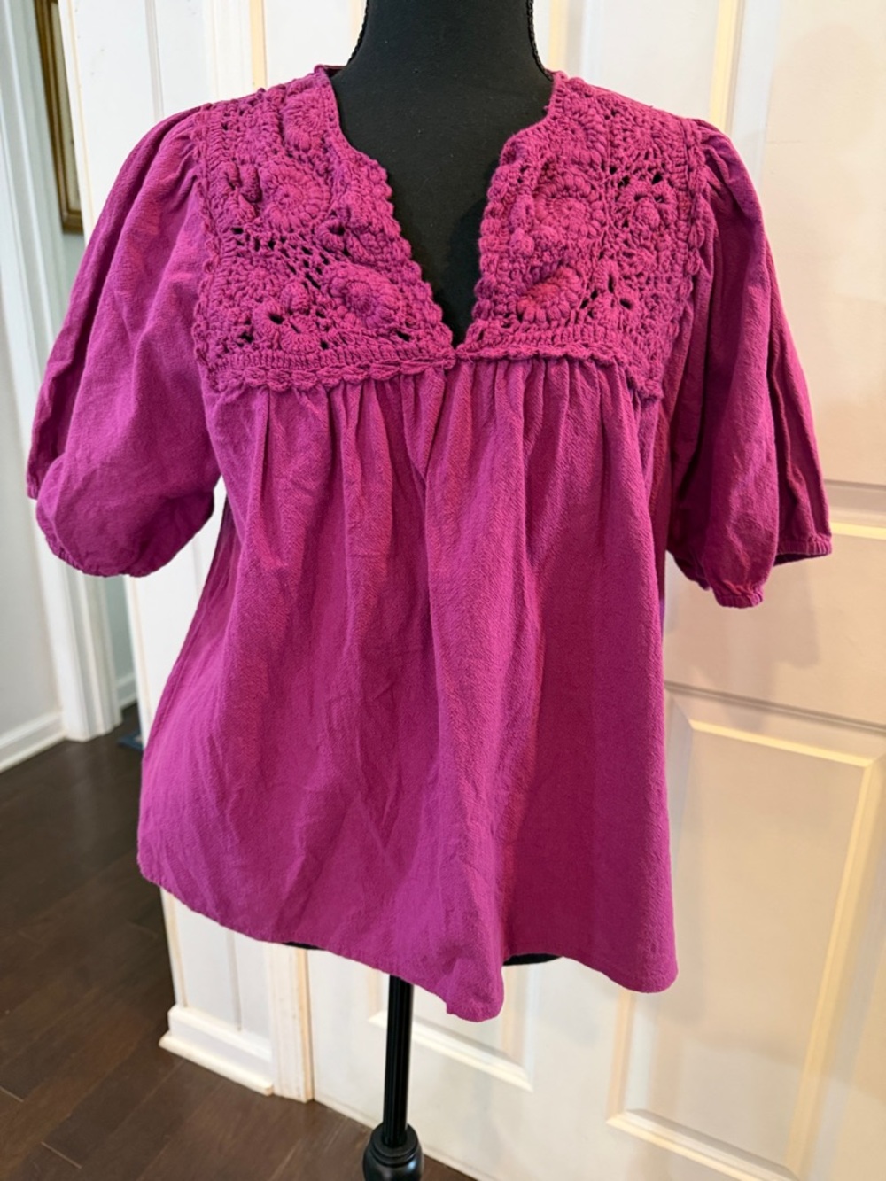 Lucky Brand Crochet Yoke Puff Sleeve Blouse - Magenta